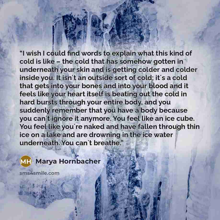 “I wish I could find words to explain what this kind of cold is like – the cold that has somehow gotten in underneath your skin and is getting colder and colder inside you. It isn´t an outside sort of cold; it´s a cold that gets into your bones and into your blood and it feels like your heart…” quote by Marya Hornbacher
