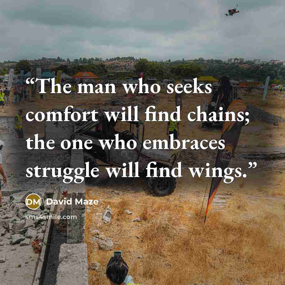 “The man who seeks comfort will find chains; the one who embraces struggle will find wings.” quote by David Maze