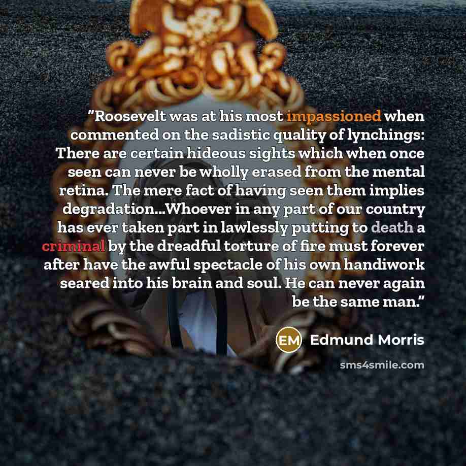 “Roosevelt was at his most impassioned when commented on the sadistic quality of lynchings: There are certain hideous sights which when once seen can never be wholly erased from the mental retina. The mere fact of having seen them implies degradation...Whoever in any part of our country has ever…” quote by Edmund Morris