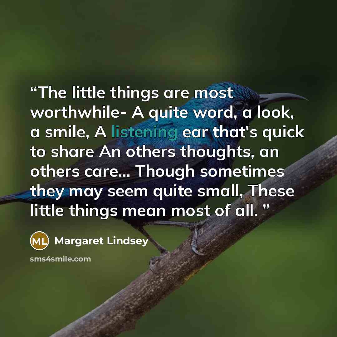 “The little things are most worthwhile- A quite word, a look, a smile, A listening ear that's quick to share An others thoughts, an others care… Though sometimes they may seem quite small, These little things mean most of all.” quote by Margaret Lindsey