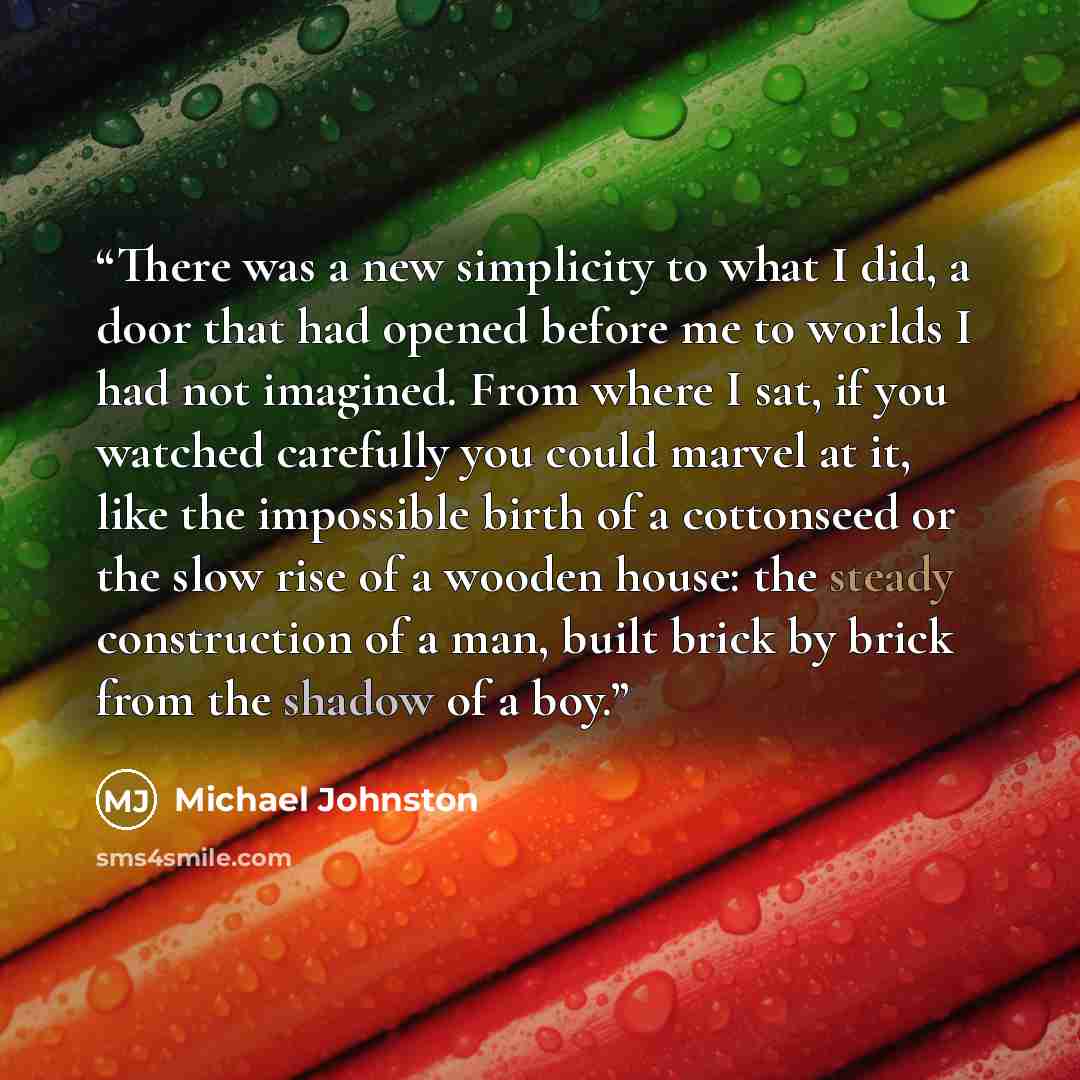 “There was a new simplicity to what I did, a door that had opened before me to worlds I had not imagined. From where I sat, if you watched carefully you could marvel at it, like the impossible birth of a cottonseed or the slow rise of a wooden house: the steady construction of a man, built brick by…” quote by Michael Johnston
