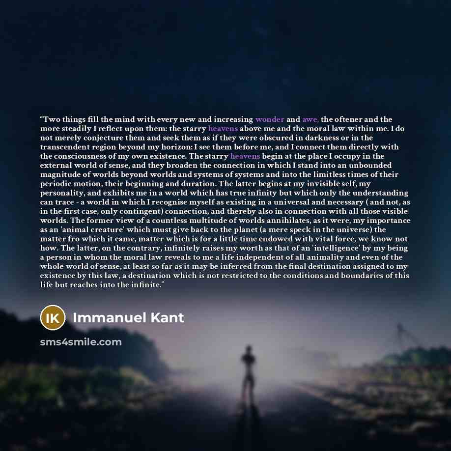 “Two things fill the mind with every new and increasing wonder and awe, the oftener and the more steadily I reflect upon them: the starry heavens above me and the moral law within me. I do not merely conjecture them and seek them as if they were obscured in darkness or in the transcendent region…” quote by Immanuel Kant