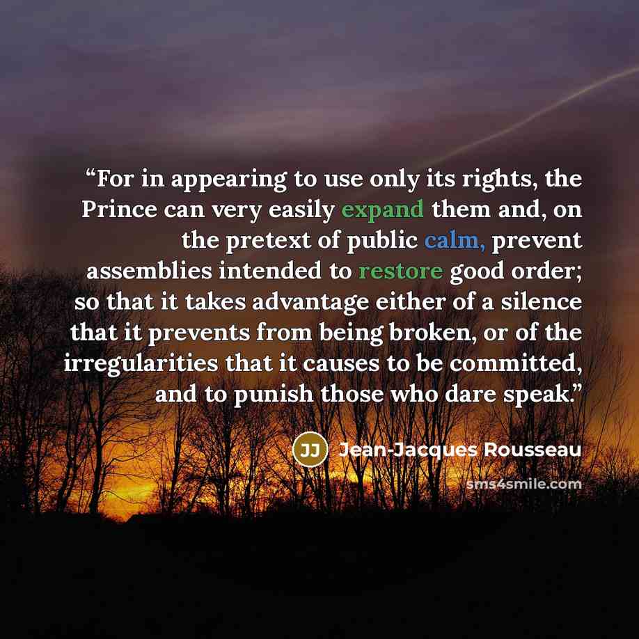 “For in appearing to use only its rights, the Prince can very easily expand them and, on the pretext of public calm, prevent assemblies intended to restore good order; so that it takes advantage either of a silence that it prevents from being broken, or of the irregularities that it causes to be…” quote by Jean-Jacques Rousseau