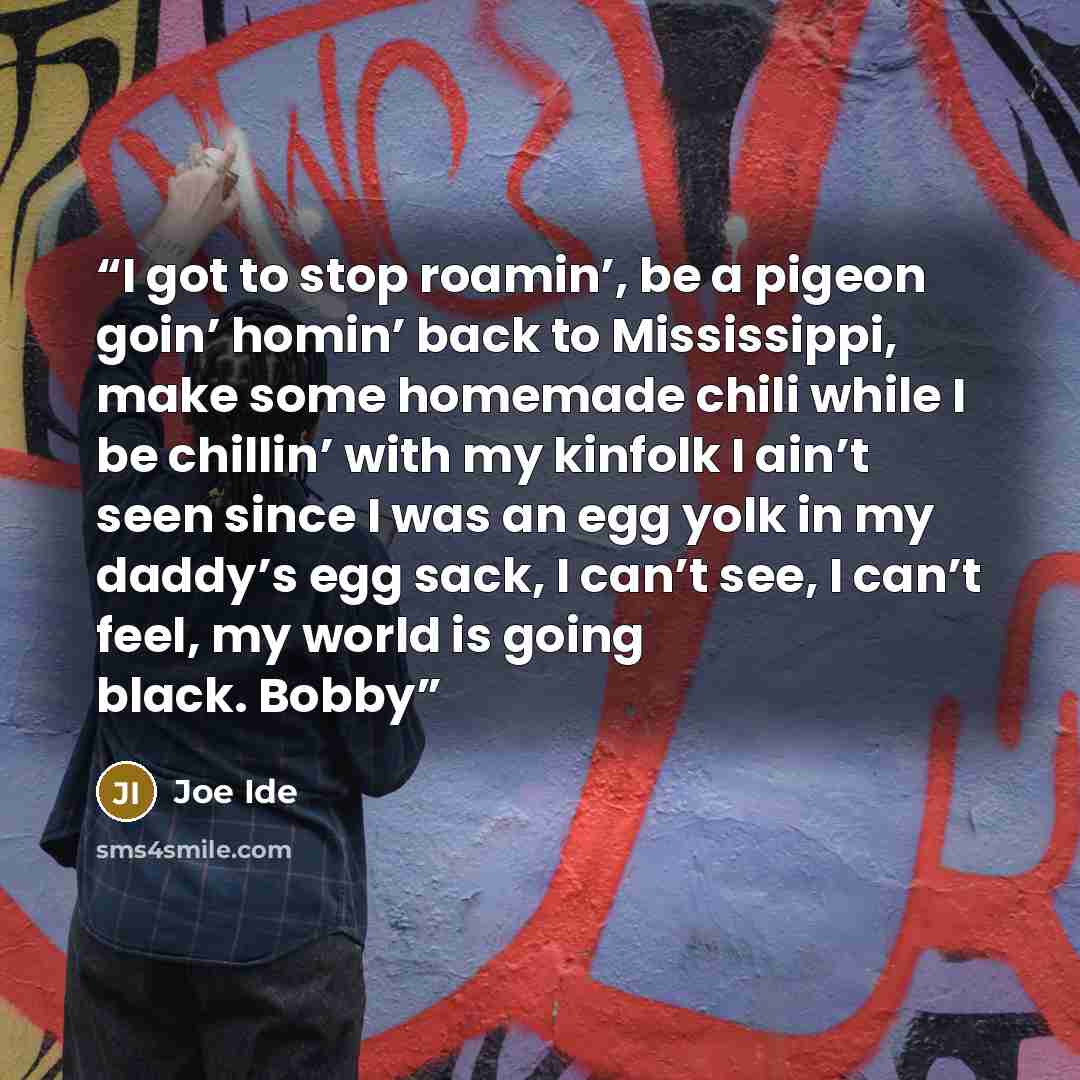 “I got to stop roamin’, be a pigeon goin’ homin’ back to Mississippi, make some homemade chili while I be chillin’ with my kinfolk I ain’t seen since I was an egg yolk in my daddy’s egg sack, I can’t see, I can’t feel, my world is going black. Bobby” quote by Joe Ide