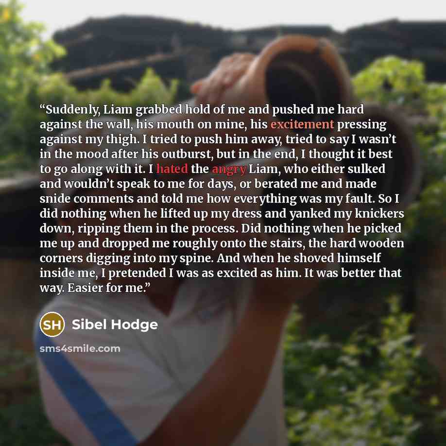 “Suddenly, Liam grabbed hold of me and pushed me hard against the wall, his mouth on mine, his excitement pressing against my thigh. I tried to push him away, tried to say I wasn’t in the mood after his outburst, but in the end, I thought it best to go along with it. I hated the angry Liam, who…” quote by Sibel Hodge