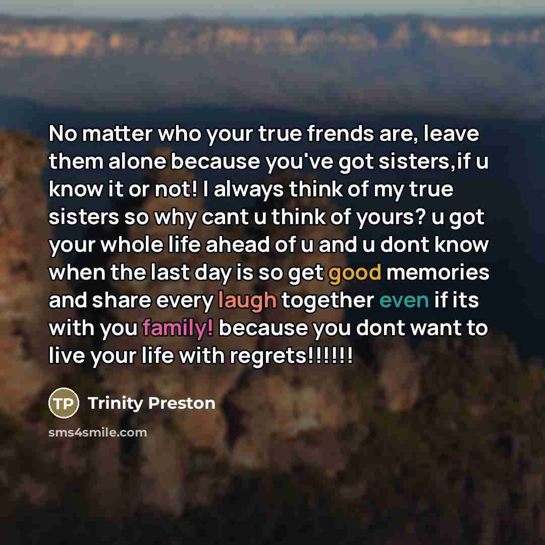“No matter who your true frends are, leave them alone because you've got sisters,if u know it or not! I always think of my true sisters so why cant u think of yours? u got your whole life ahead of u and u dont know when the last day is so get good memories and share every laugh together even if its…” quote by Trinity Preston