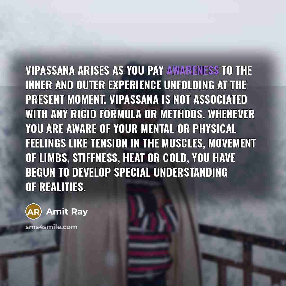 “Vipassana arises as you pay awareness to the inner and…” quote by Amit Ray