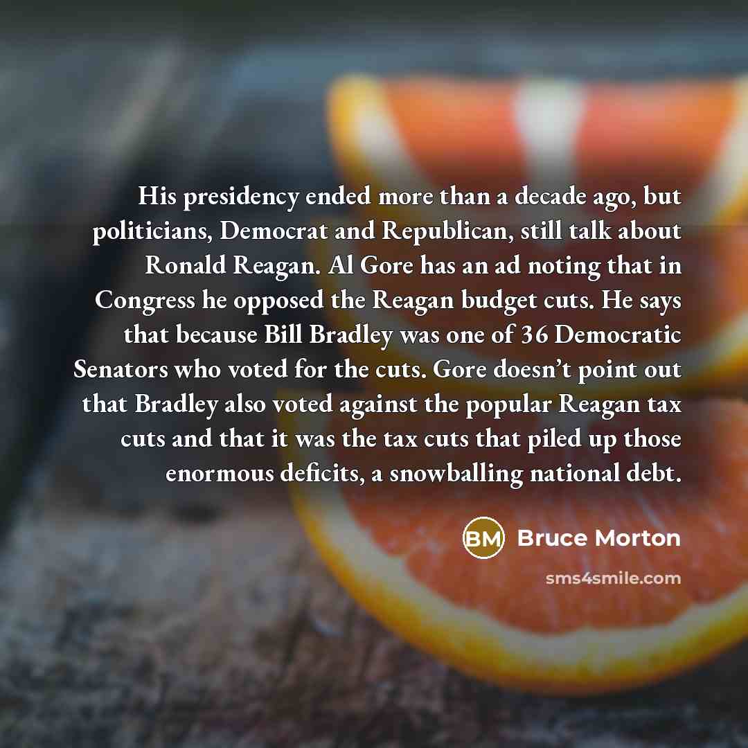 “His presidency ended more than a decade ago, but politicians, Democrat and Republican, still talk about Ronald Reagan. Al Gore has an ad noting that in Congress he opposed the Reagan budget cuts. He says that because Bill Bradley was one of 36 Democratic Senators who voted for the cuts. Gore…” quote by Bruce Morton