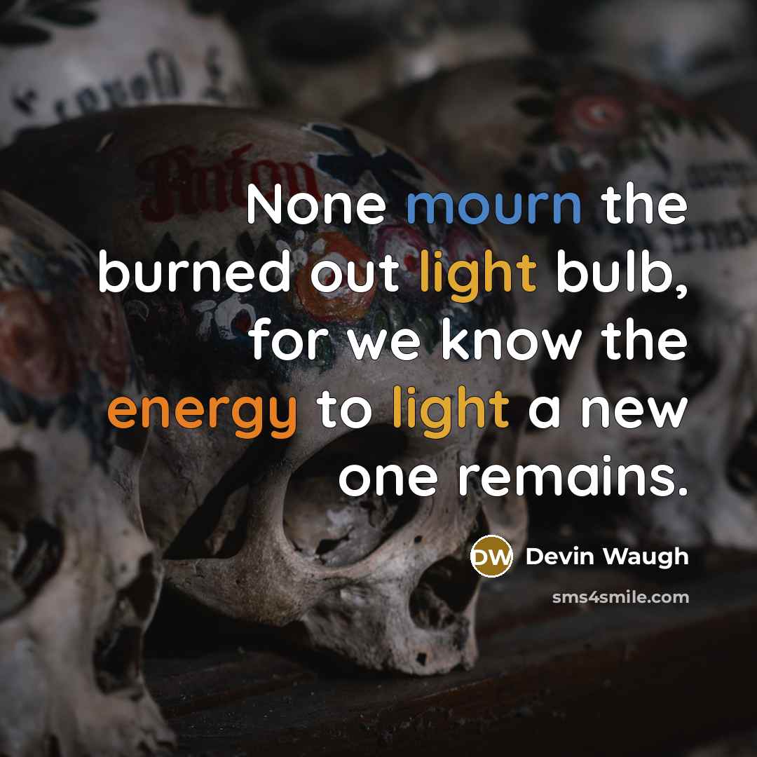 “None mourn the burned out light bulb, for we know the energy to light a new one remains.” quote by Devin Waugh