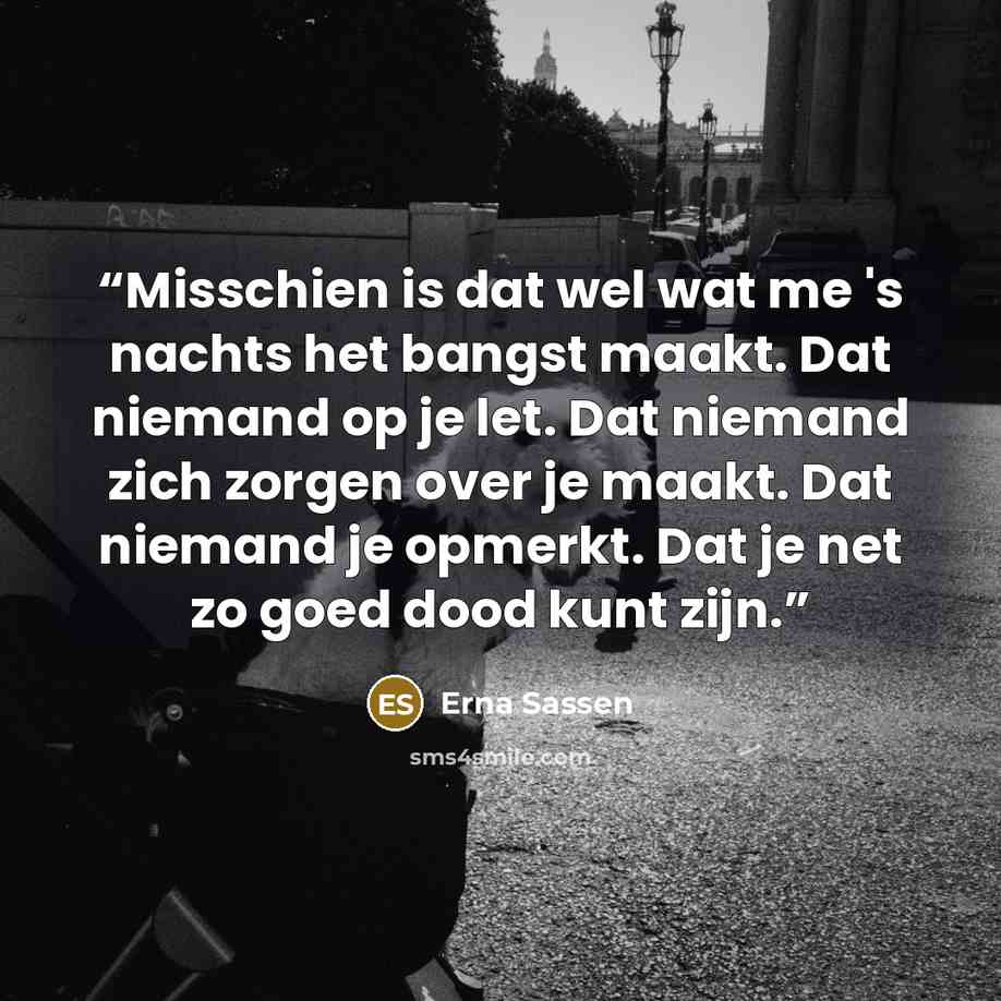“Misschien is dat wel wat me 's nachts het bangst maakt. Dat niemand op je let. Dat niemand zich zorgen over je maakt. Dat niemand je opmerkt. Dat je net zo goed dood kunt zijn.” quote by Erna Sassen
