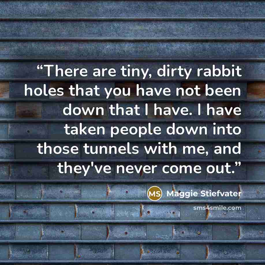 “There are tiny, dirty rabbit holes that you have not been down that I have. I have taken people down into those tunnels with me, and they've never come out.” quote by Maggie Stiefvater