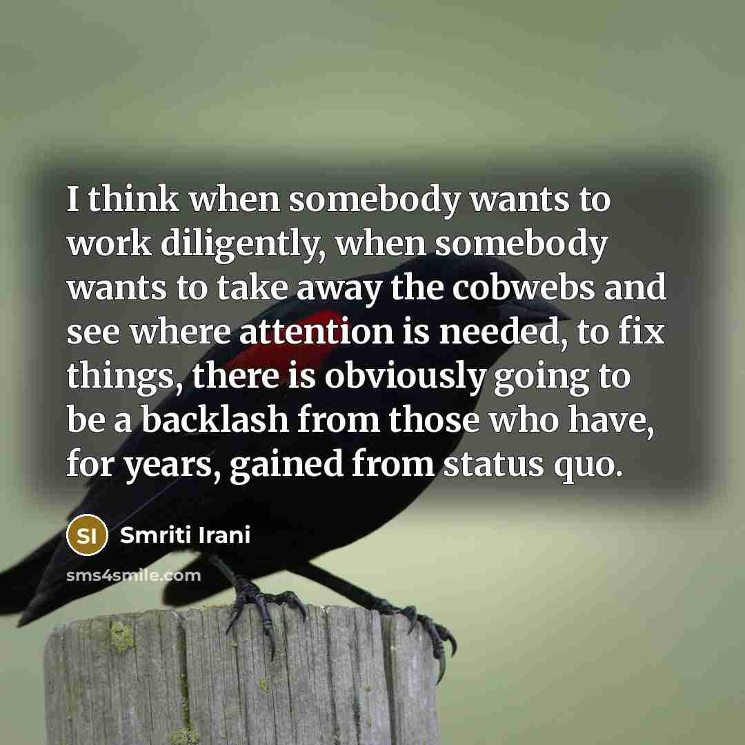 “I think when somebody wants to work diligently, when somebody…” quote by Smriti Irani