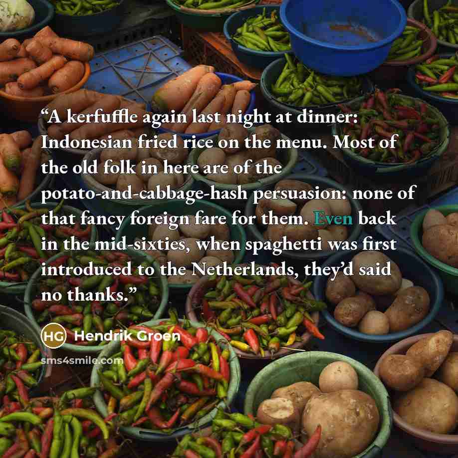 “A kerfuffle again last night at dinner: Indonesian fried rice on the menu. Most of the old folk in here are of the potato-and-cabbage-hash persuasion: none of that fancy foreign fare for them. Even back in the mid-sixties, when spaghetti was first introduced to the Netherlands, they’d said no…” quote by Hendrik Groen