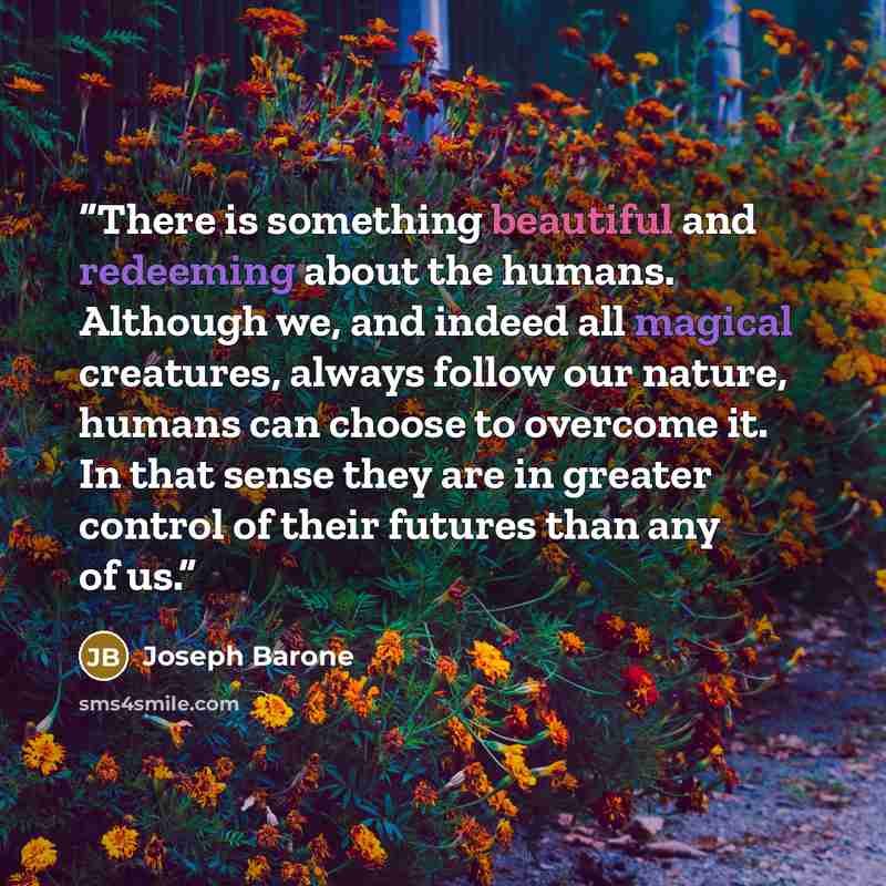 “There is something beautiful and redeeming about the humans. Although we, and indeed all magical creatures, always follow our nature, humans can choose to overcome it. In that sense they are in greater control of their futures than any of us.” quote by Joseph Barone