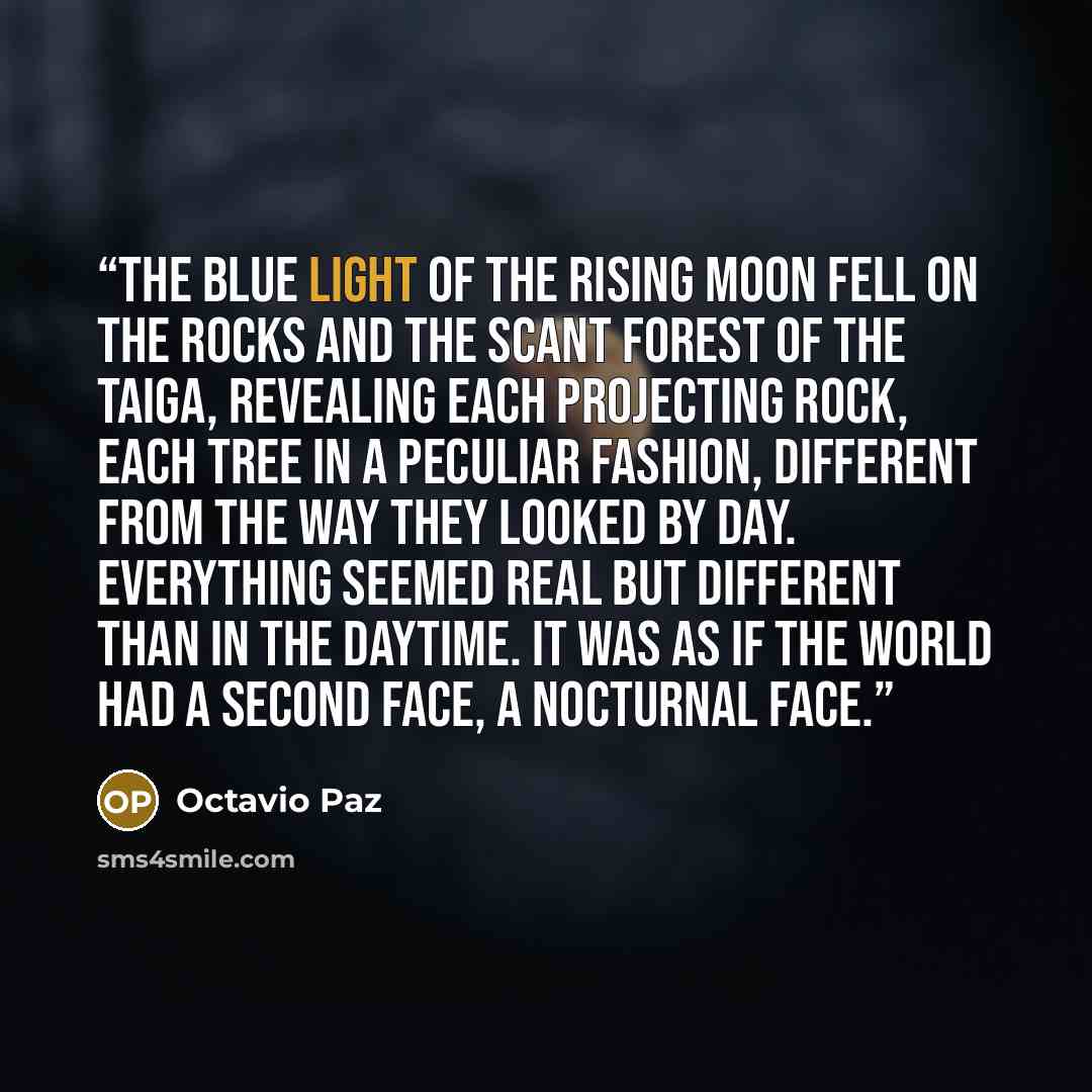 “The blue light of the rising moon fell on the rocks and the scant forest of the taiga, revealing each projecting rock, each tree in a peculiar fashion, different from the way they looked by day. Everything seemed real but different than in the daytime. It was as if the world had a second face, a…” quote by Octavio Paz