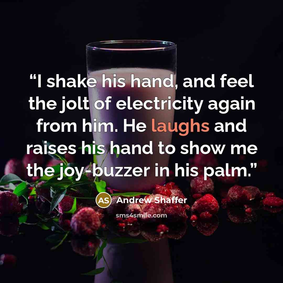 “I shake his hand, and feel the jolt of electricity again from him. He laughs and raises his hand to show me the joy-buzzer in his palm.” quote by Andrew Shaffer