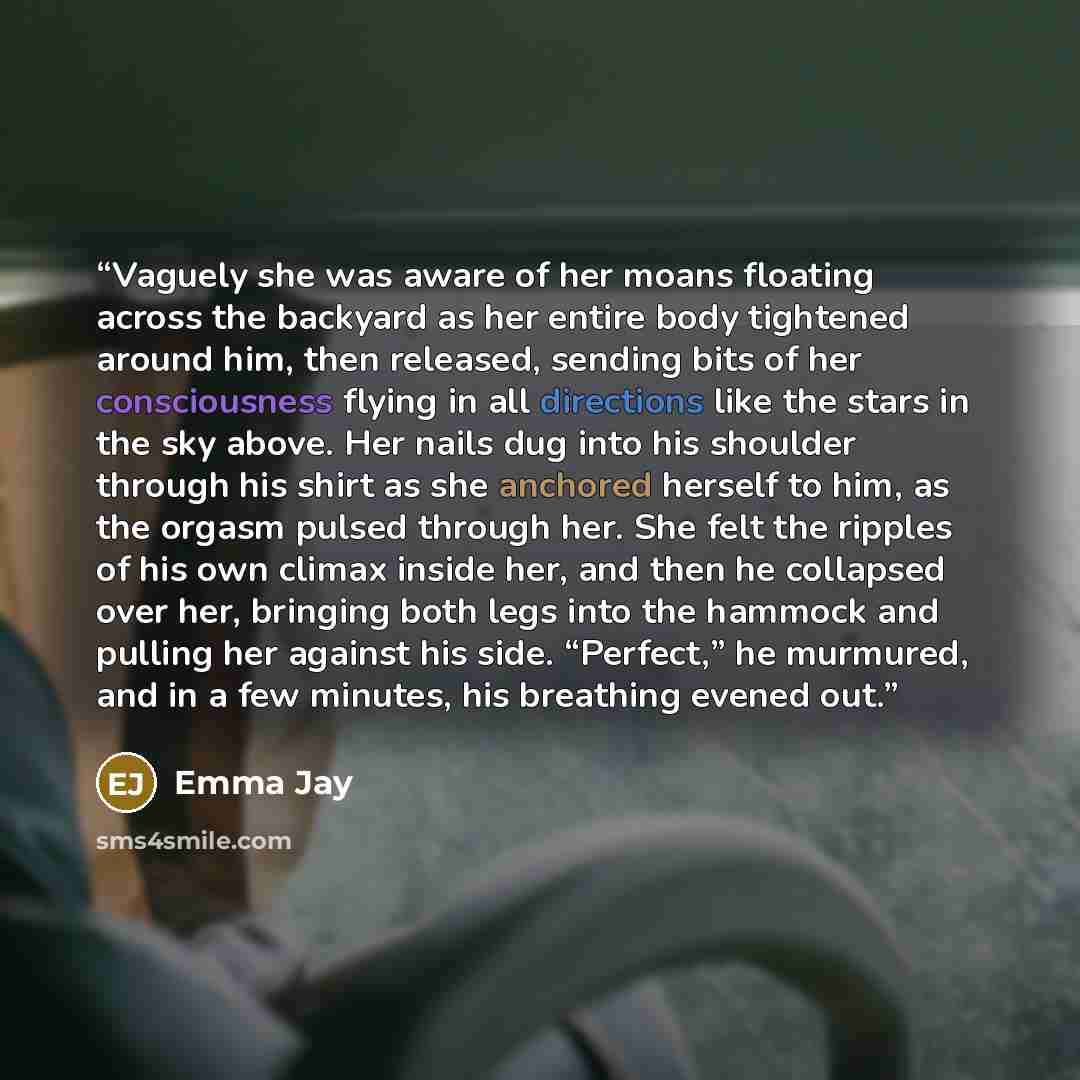 “Vaguely she was aware of her moans floating across the backyard as her entire body tightened around him, then released, sending bits of her consciousness flying in all directions like the stars in the sky above. Her nails dug into his shoulder through his shirt as she anchored herself to him, as…” quote by Emma Jay