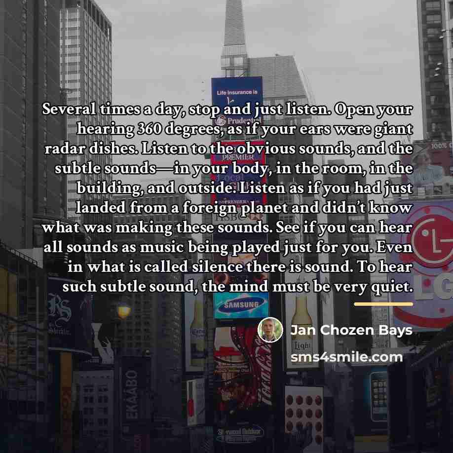 “Several times a day, stop and just listen. Open your…” quote by Jan Chozen Bays