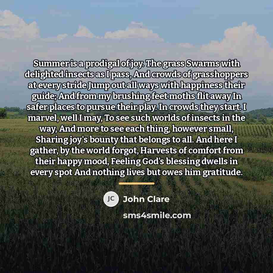 “Summer is a prodigal of joy. The grass Swarms with…” quote by John Clare