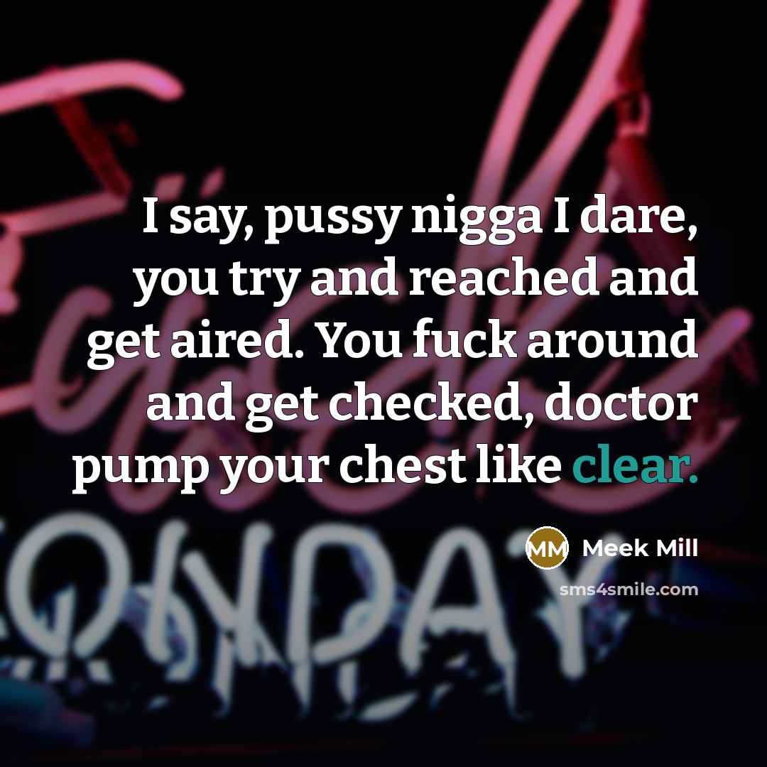 “I say, pussy nigga I dare, you try and reached and get aired. You fuck around and get checked, doctor pump your chest like clear.” quote by Meek Mill