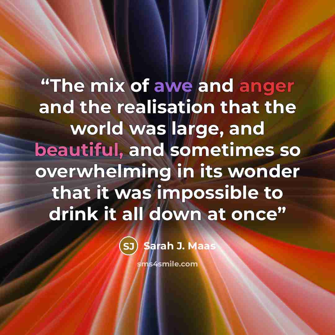 “The mix of awe and anger and the realisation that the world was large, and beautiful, and sometimes so overwhelming in its wonder that it was impossible to drink it all down at once” quote by Sarah J. Maas