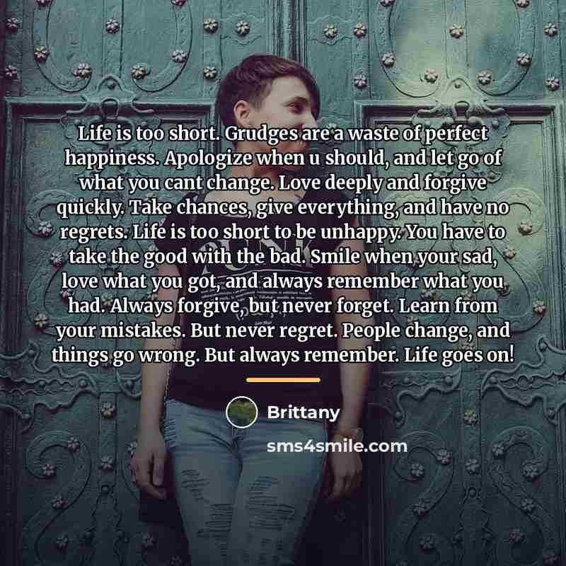 “Life is too short. Grudges are a waste of perfect…” quote by Brittany
