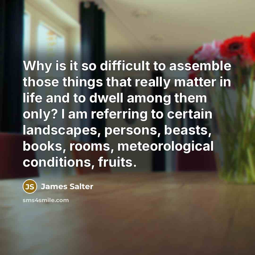 “Why is it so difficult to assemble those things that really matter in life and to dwell among them only? I am referring to certain landscapes, persons, beasts, books, rooms, meteorological conditions, fruits.” quote by James Salter