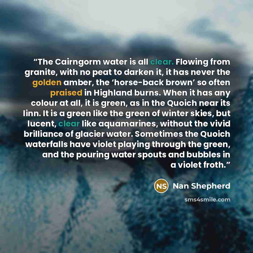 “The Cairngorm water is all clear. Flowing from granite, with no peat to darken it, it has never the golden amber, the ‘horse-back brown’ so often praised in Highland burns. When it has any colour at all, it is green, as in the Quoich near its linn. It is a green like the green of winter skies, but…” quote by Nan Shepherd