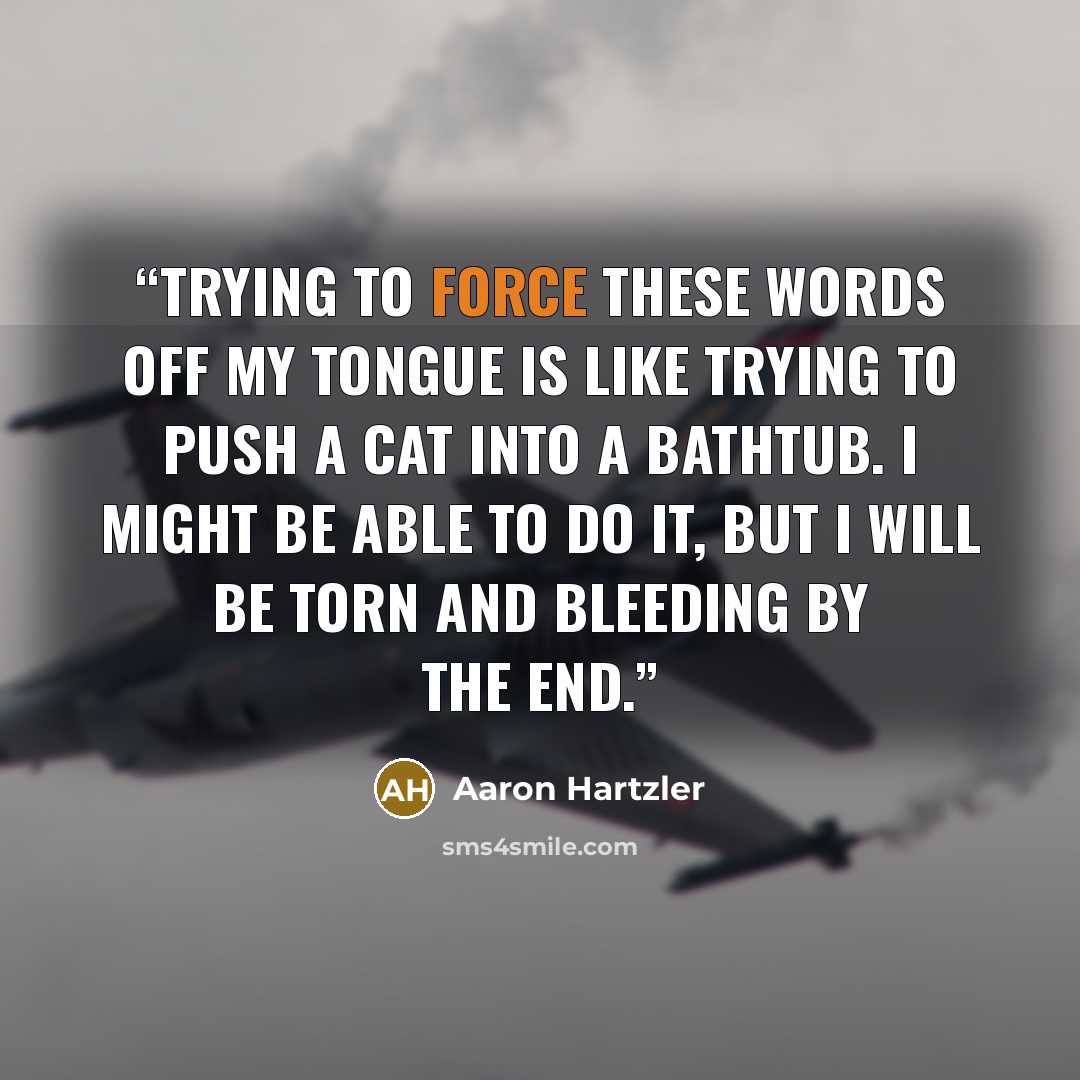 “Trying to force these words off my tongue is like trying to push a cat into a bathtub. I might be able to do it, but I will be torn and bleeding by the end.” quote by Aaron Hartzler