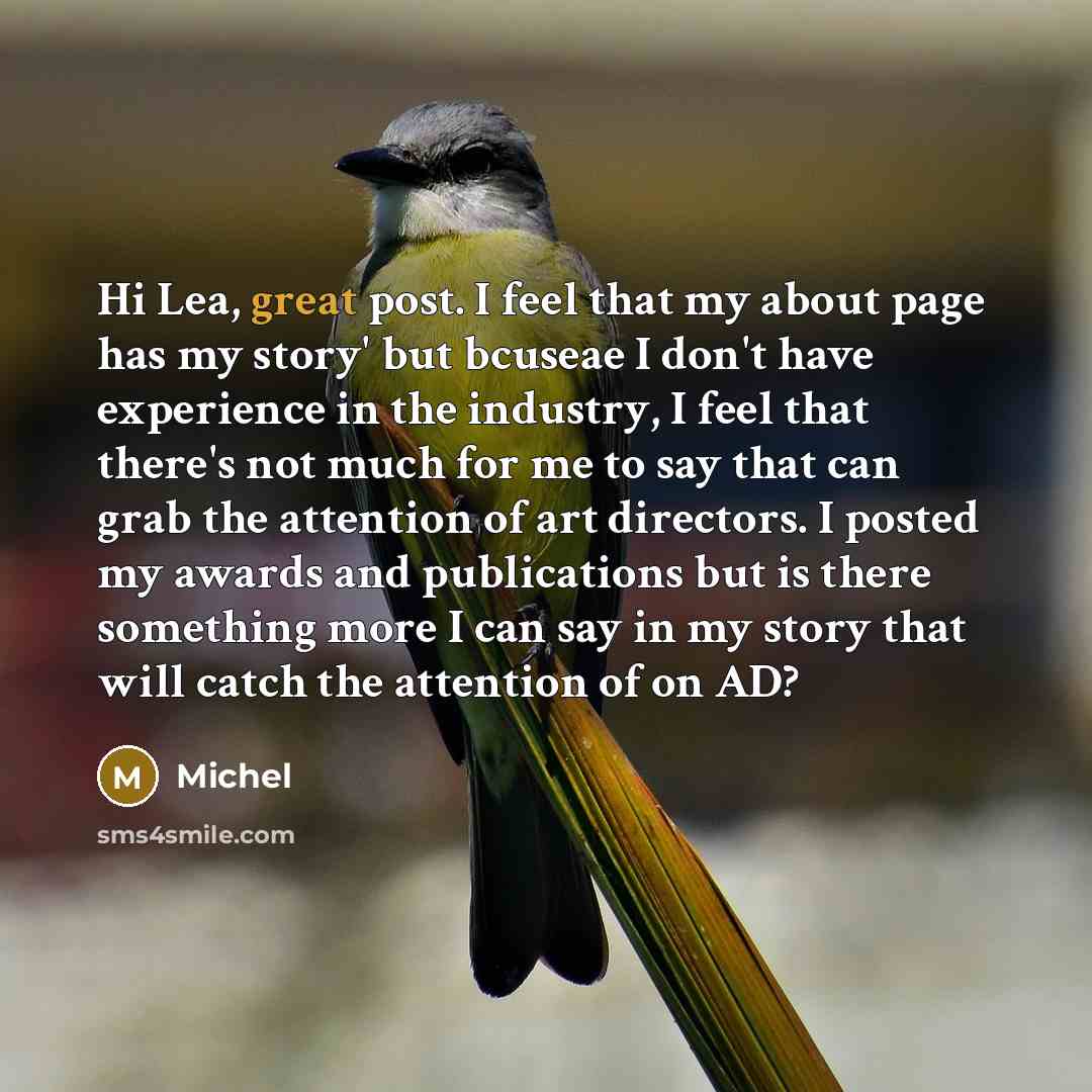 “Hi Lea, great post. I feel that my about page has my story' but bcuseae I don't have experience in the industry, I feel that there's not much for me to say that can grab the attention of art directors. I posted my awards and publications but is there something more I can say in my story that will…” quote by Michel