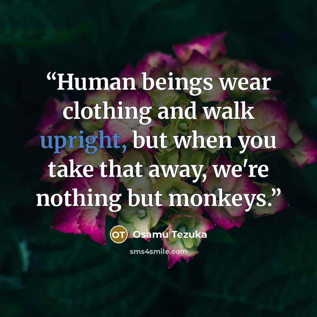 “Human beings wear clothing and walk upright, but when you take that away, we're nothing but monkeys.” quote by Osamu Tezuka