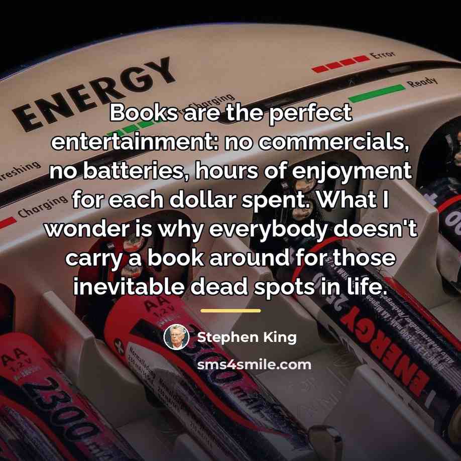 “Books are the perfect entertainment: no commercials, no batteries, hours…” quote by Stephen King