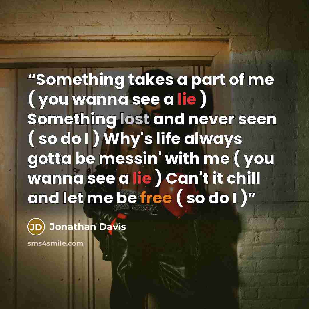 “Something takes a part of me ( you wanna see a lie ) Something lost and never seen ( so do I ) Why's life always gotta be messin' with me ( you wanna see a lie ) Can't it chill and let me be free ( so do I )” quote by Jonathan Davis