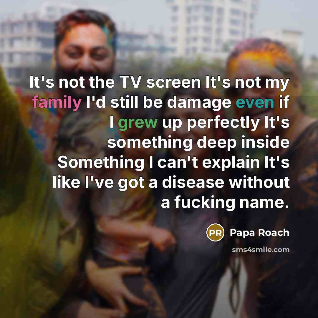 “It's not the TV screen It's not my family I'd still be damage even if I grew up perfectly It's something deep inside Something I can't explain It's like I've got a disease without a fucking name.” quote by Papa Roach
