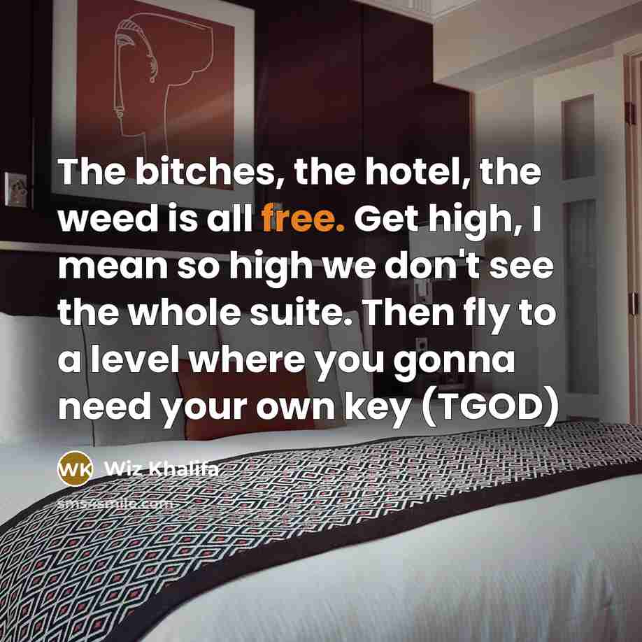 “The bitches, the hotel, the weed is all free. Get high, I mean so high we don't see the whole suite. Then fly to a level where you gonna need your own key (TGOD)” quote by Wiz Khalifa