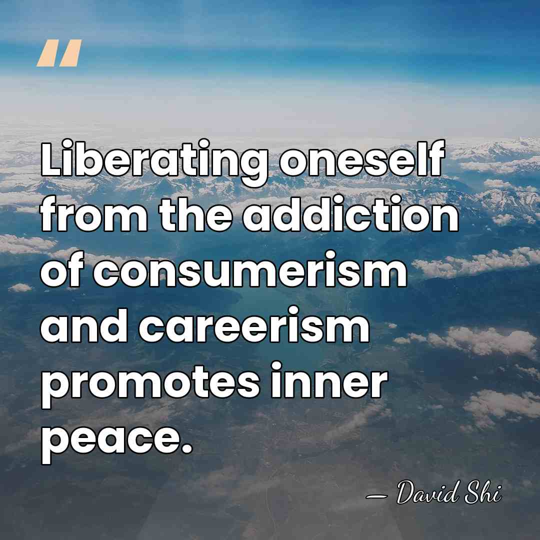 Liberating oneself from the addiction of consumerism and careerism promotes inner peace. - David Shi