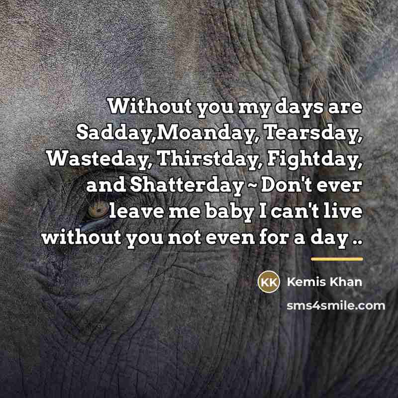 “Without you my days are Sadday,Moanday, Tearsday, Wasteday, Thirstday, Fightday,…” quote by Kemis Khan