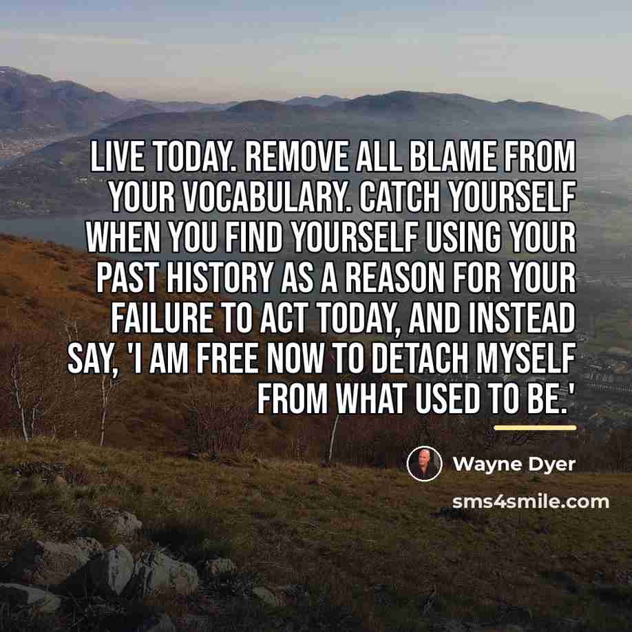 “Live today. Remove all blame from your vocabulary. Catch yourself…” quote by Wayne Dyer