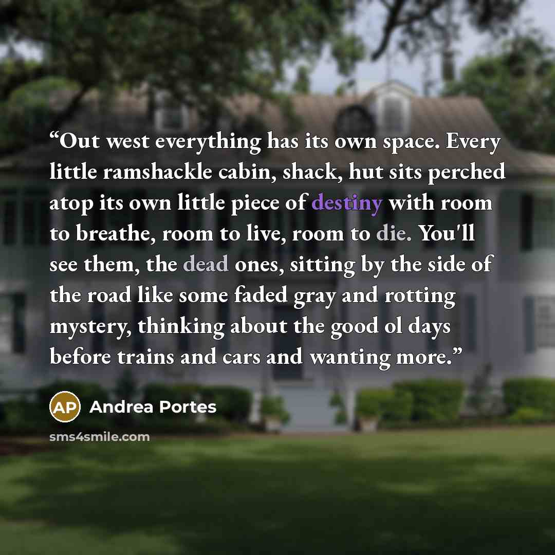 “Out west everything has its own space. Every little ramshackle cabin, shack, hut sits perched atop its own little piece of destiny with room to breathe, room to live, room to die. You'll see them, the dead ones, sitting by the side of the road like some faded gray and rotting mystery, thinking…” quote by Andrea Portes