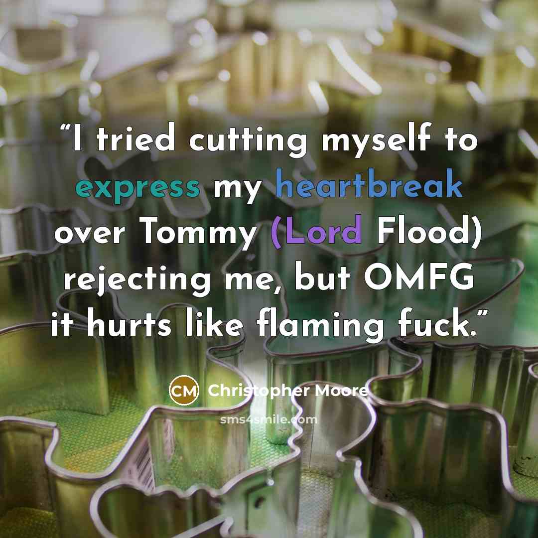 “I tried cutting myself to express my heartbreak over Tommy (Lord Flood) rejecting me, but OMFG it hurts like flaming fuck.” quote by Christopher Moore