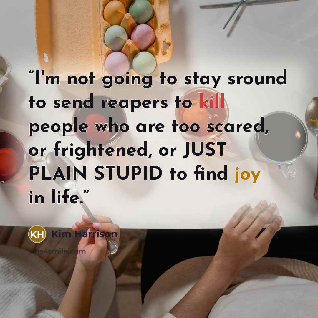 “I'm not going to stay sround to send reapers to kill people who are too scared, or frightened, or JUST PLAIN STUPID to find joy in life.” quote by Kim Harrison