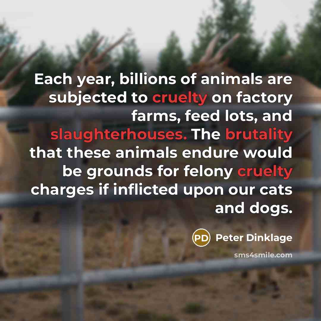 “Each year, billions of animals are subjected to cruelty on factory farms, feed lots, and slaughterhouses. The brutality that these animals endure would be grounds for felony cruelty charges if inflicted upon our cats and dogs.” quote by Peter Dinklage