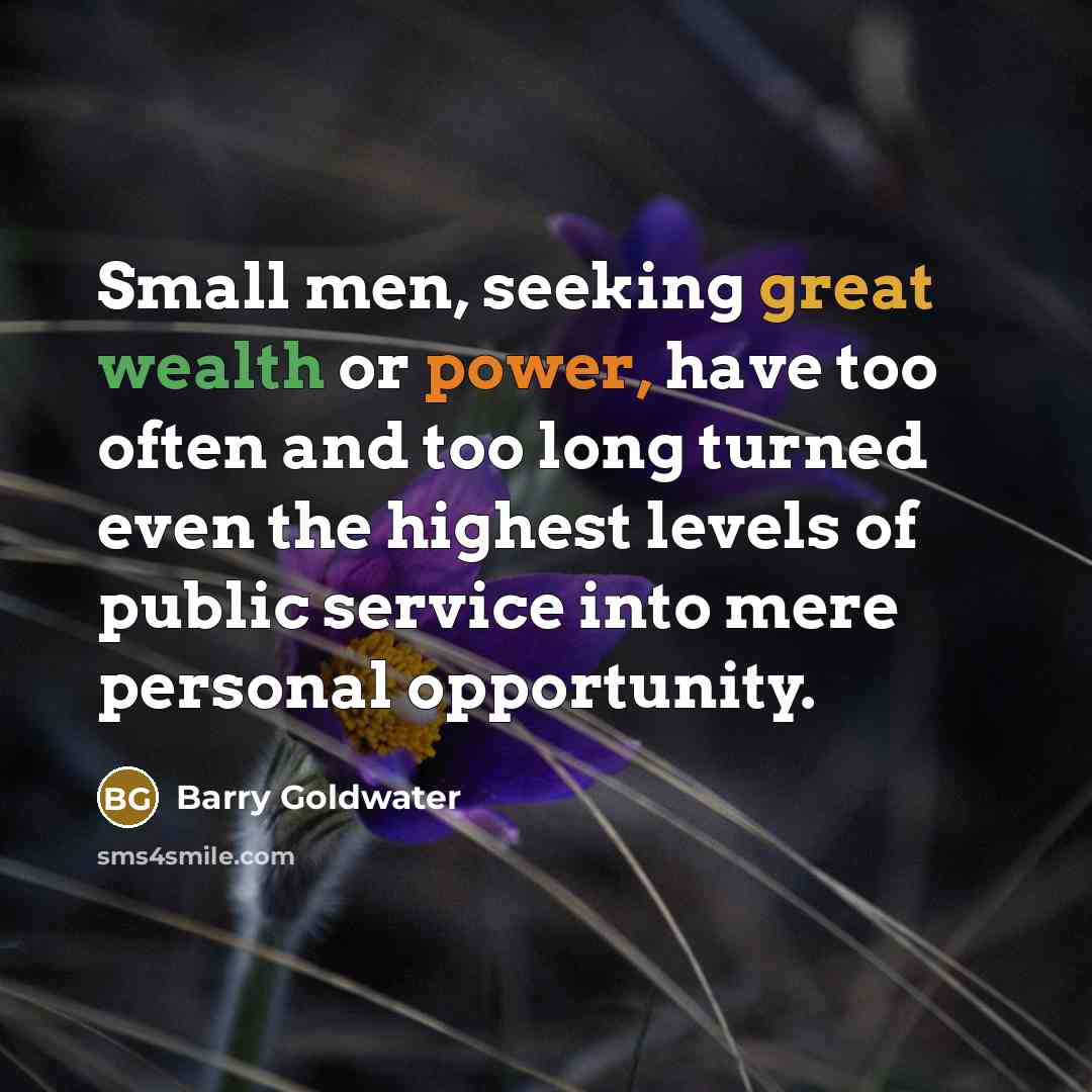 “Small men, seeking great wealth or power, have too often and too long turned even the highest levels of public service into mere personal opportunity.” quote by Barry Goldwater