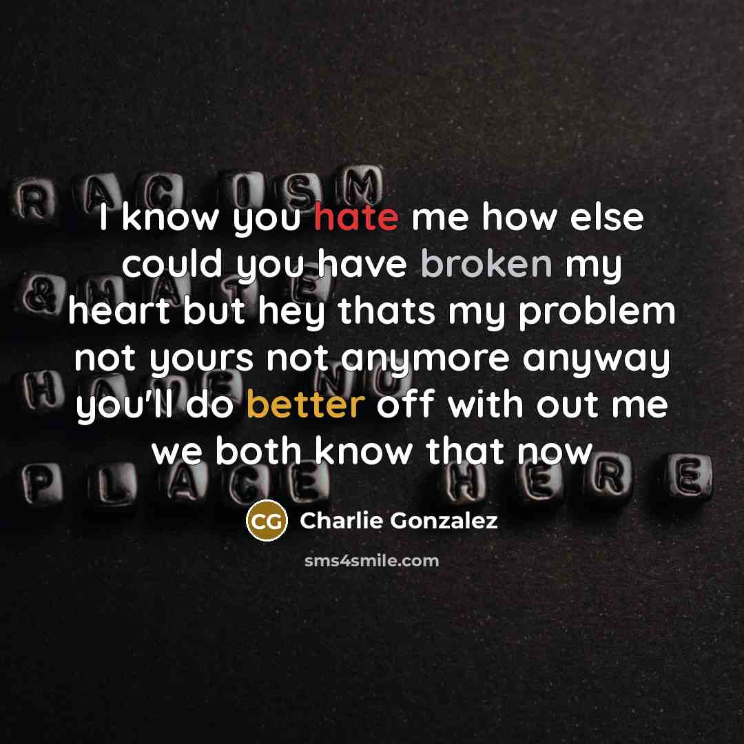 “I know you hate me how else could you have broken my heart but hey thats my problem not yours not anymore anyway you'll do better off with out me we both know that now” quote by Charlie Gonzalez