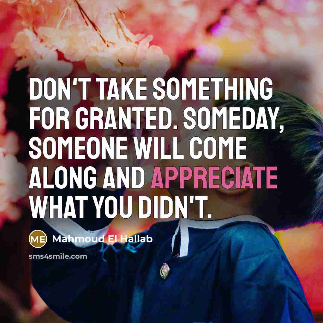 “Don't take something for granted. Someday, someone will come along and appreciate what you didn't.” quote by Mahmoud El Hallab