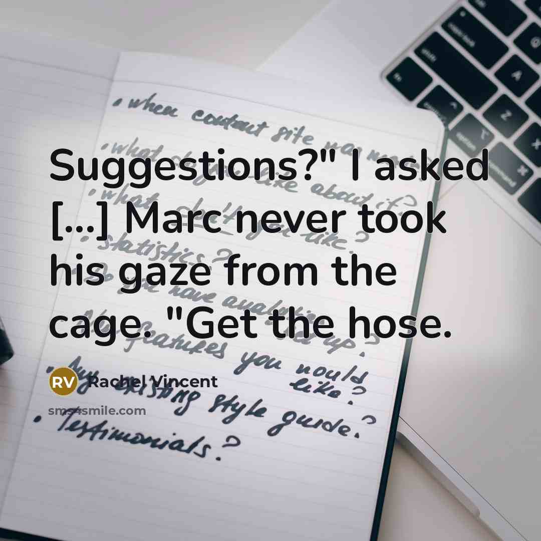 “Suggestions?" I asked [...] Marc never took his gaze from…” quote by Rachel Vincent