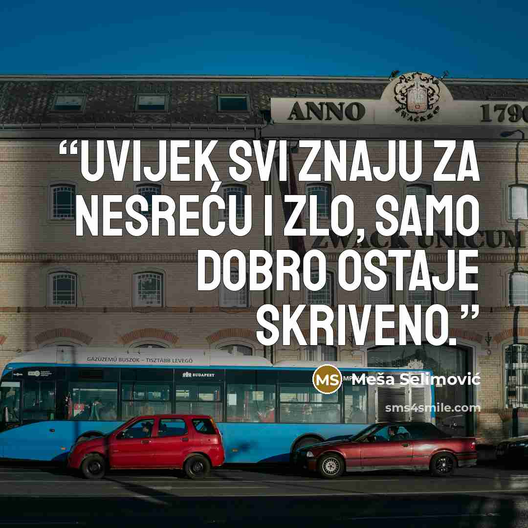 “Uvijek svi znaju za nesreću i zlo, samo dobro ostaje skriveno.” quote by Meša Selimović