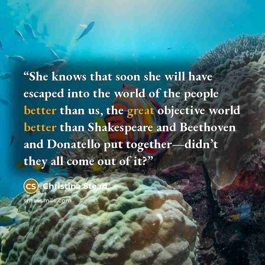 “She knows that soon she will have escaped into the world of the people better than us, the great objective world better than Shakespeare and Beethoven and Donatello put together—didn’t they all come out of it?” quote by Christina Stead