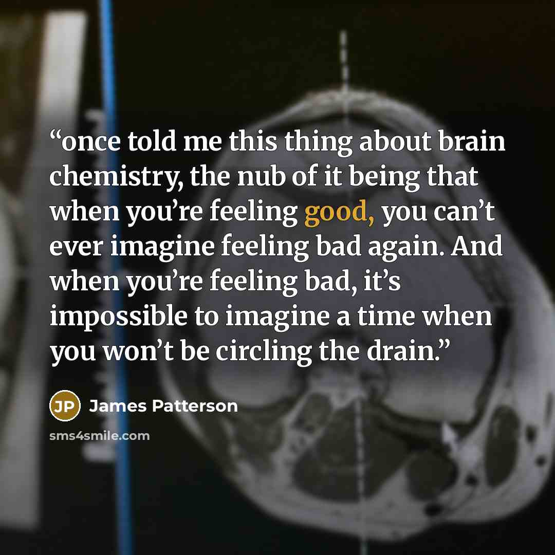 “once told me this thing about brain chemistry, the nub of it being that when you’re feeling good, you can’t ever imagine feeling bad again. And when you’re feeling bad, it’s impossible to imagine a time when you won’t be circling the drain.” quote by James Patterson