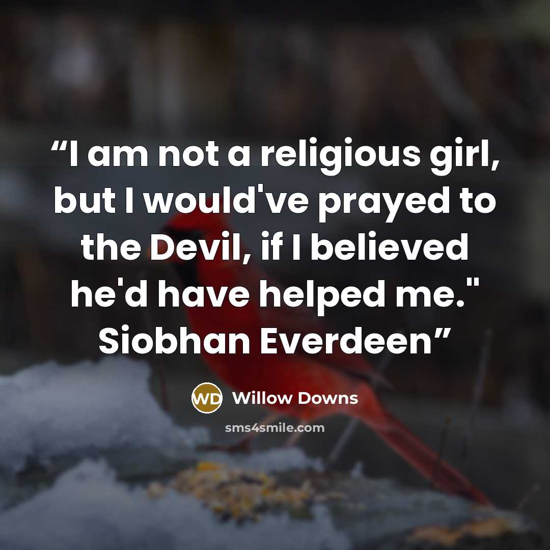 “I am not a religious girl, but I would've prayed to the Devil, if I believed he'd have helped me." Siobhan Everdeen” quote by Willow Downs